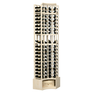 Light wood tall wine display rack with 4 columns, curved corner, and bottle slots