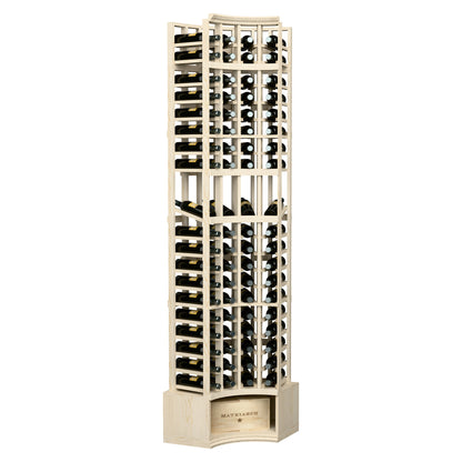 Light wood tall wine display rack with 4 columns, curved corner, and bottle slots