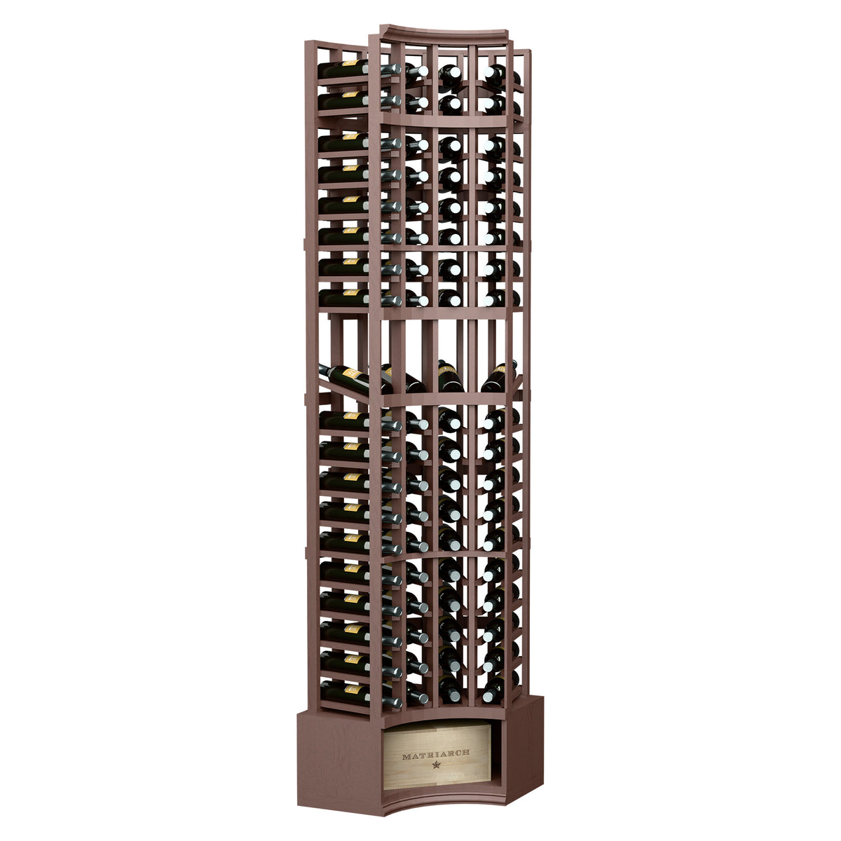 Dark wood curved-corner wine display rack with 4 columns and bottle slots