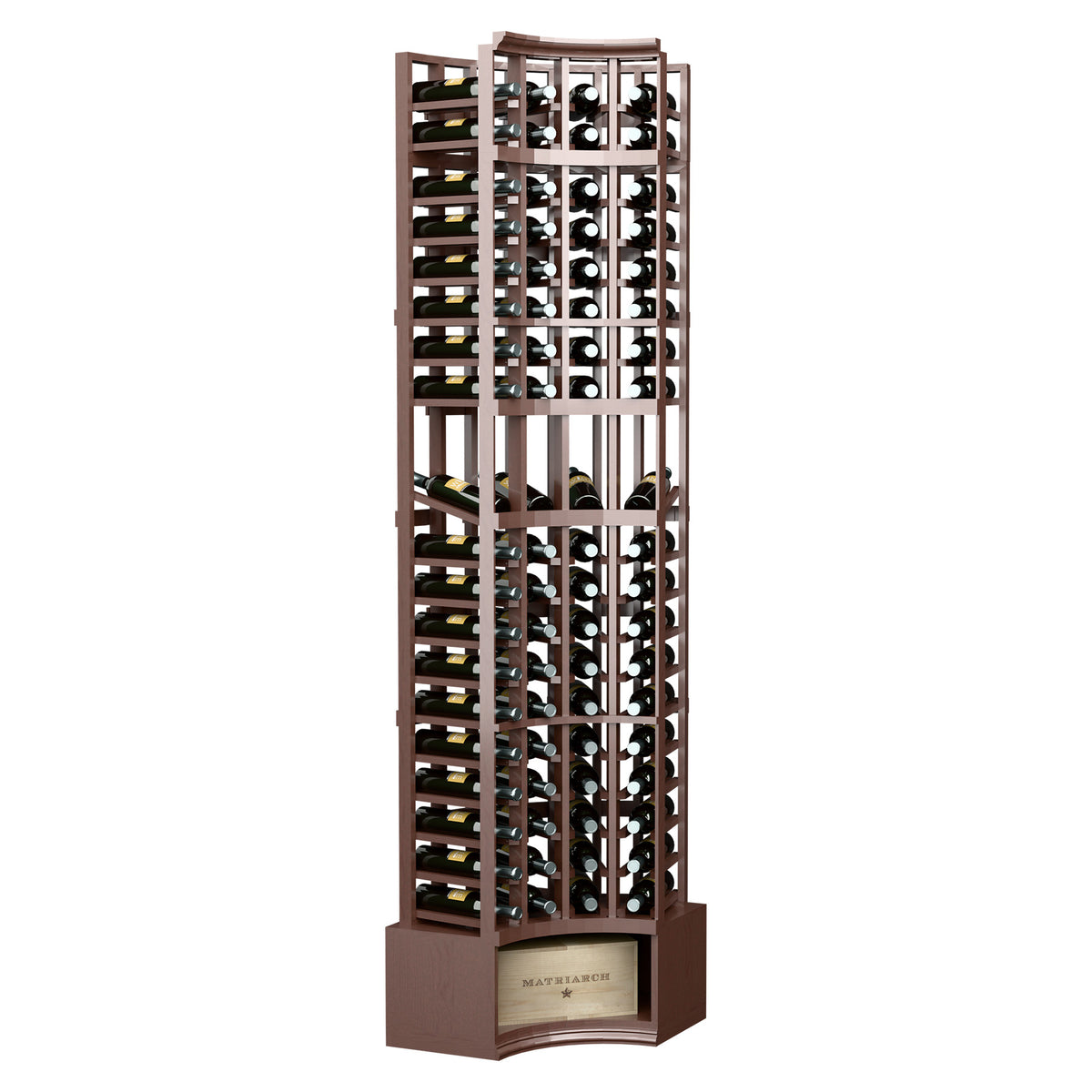 Dark brown 4-column curved-corner wine rack with arched top and bottle slots