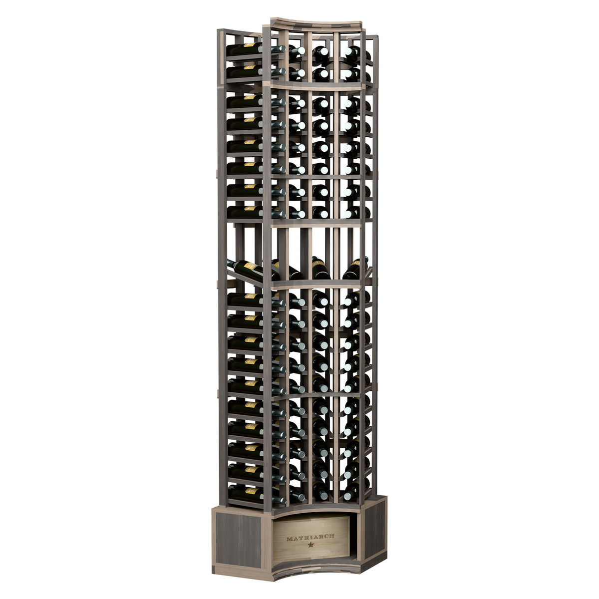 Black curved-corner wine display rack with 4 columns of bottle cubbies and base shelf