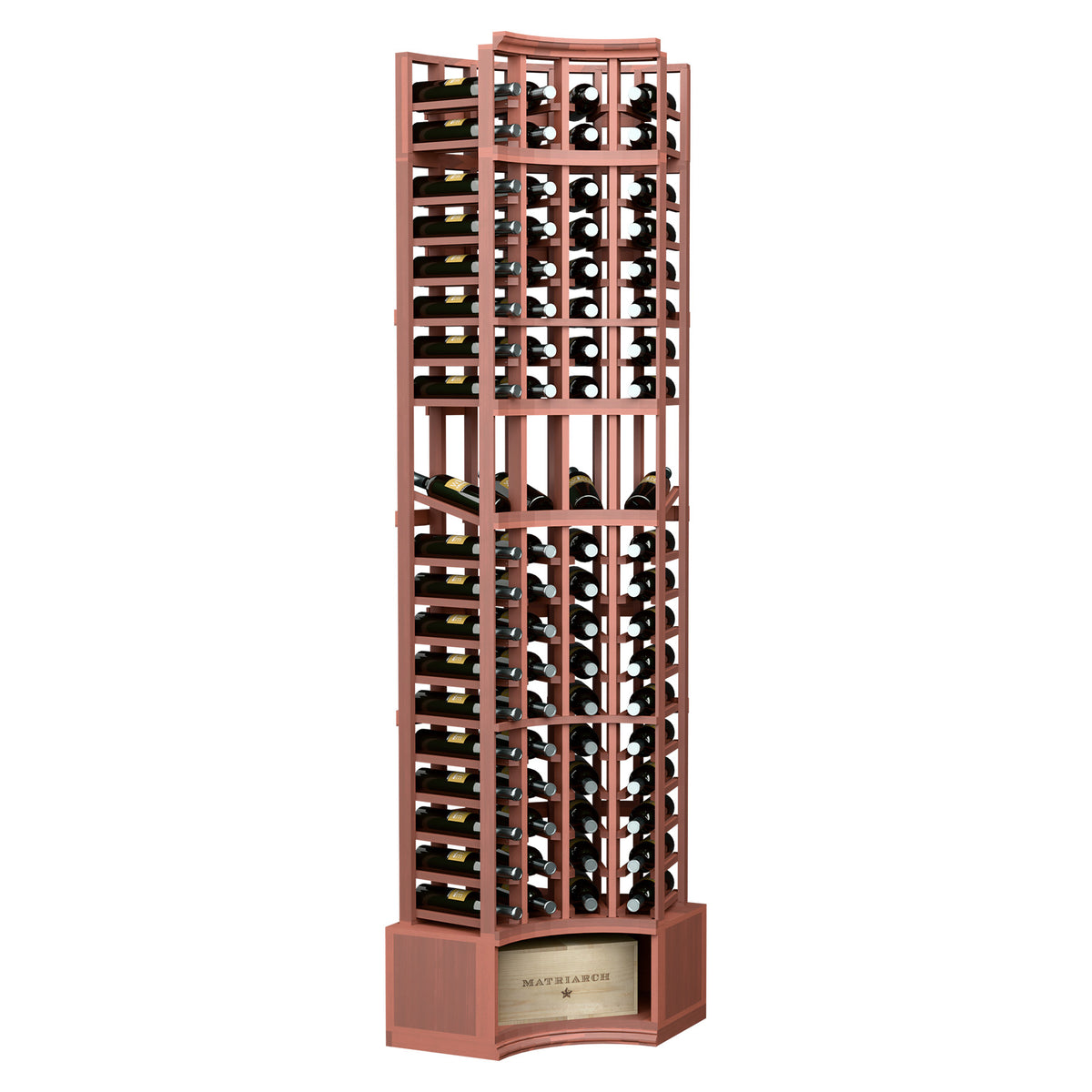 Red-brown curved-corner wine display rack with 4 columns of bottle cubbies and base shelf