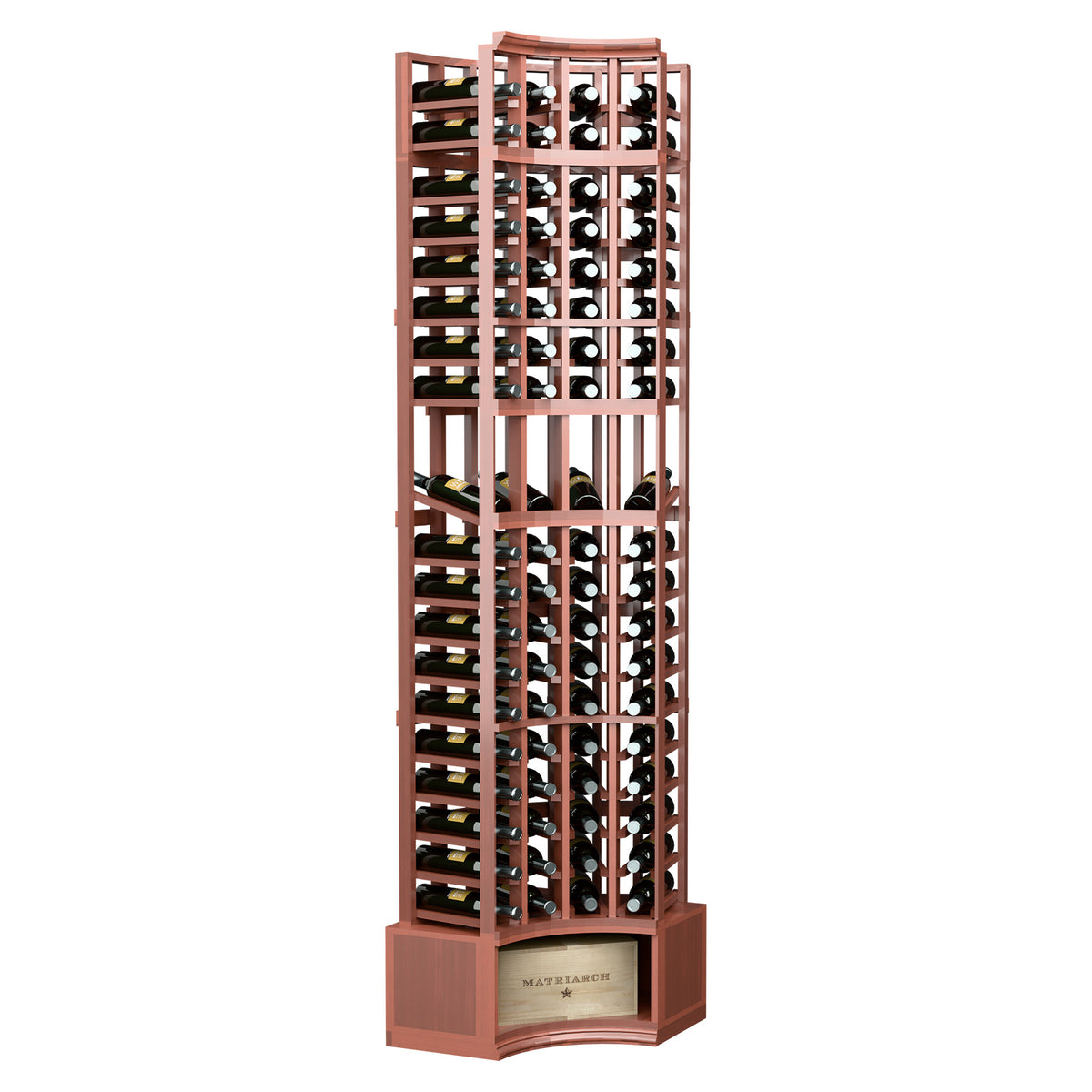 Red-brown curved-corner wine display rack with 4 columns of bottle cubbies and base shelf