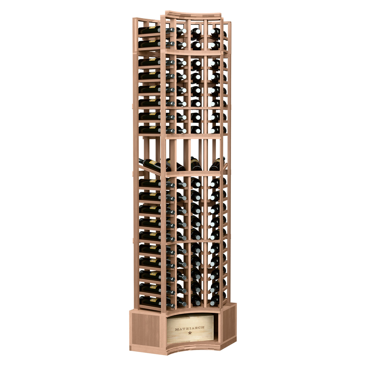 Light wood curved-corner wine display rack with 4 columns of bottle cubbies and base shelf