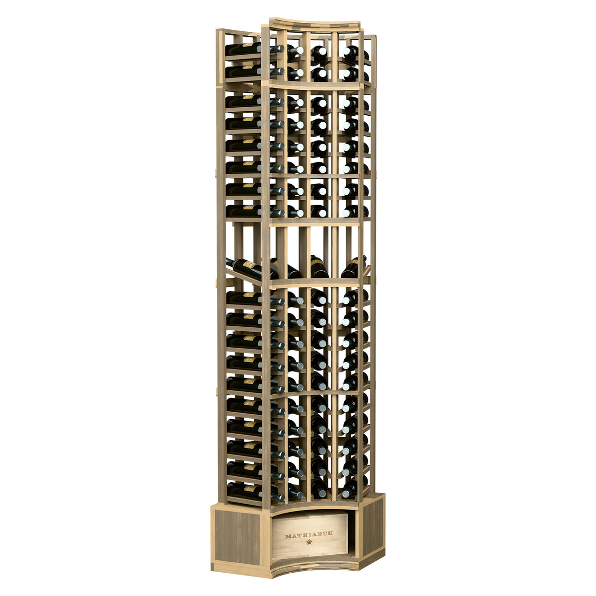 Natural wood curved-corner wine display rack with 4 columns of bottle cubbies and base shelf