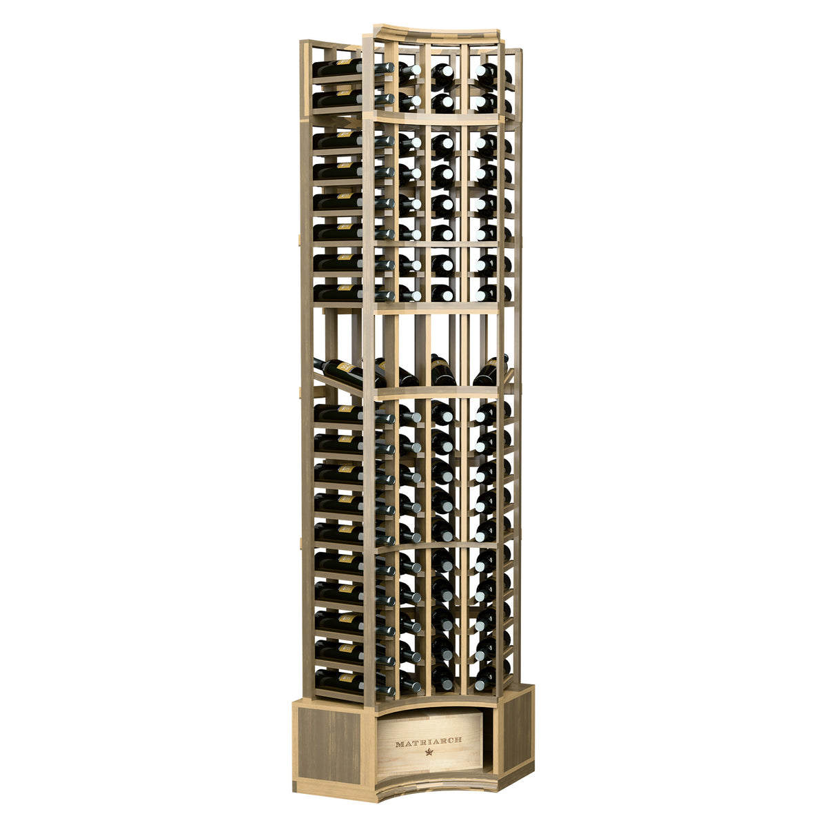 Natural wood curved-corner wine display rack with 4 columns of bottle cubbies and base shelf