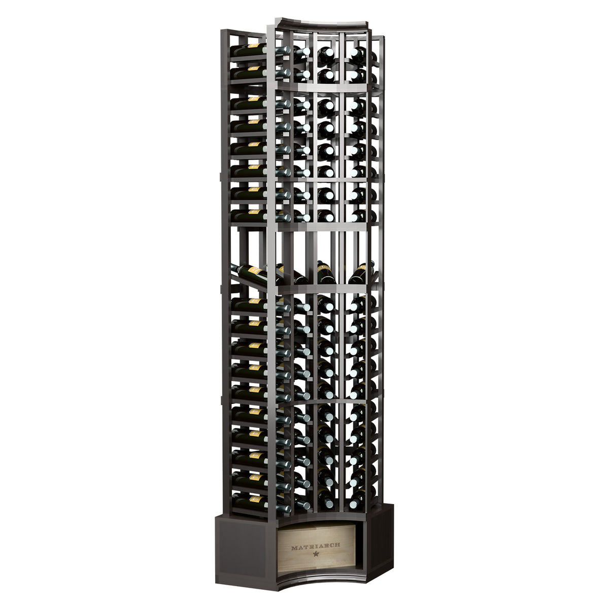 Dark gray curved-corner wine display rack with 4 columns of bottle cubbies and base shelf