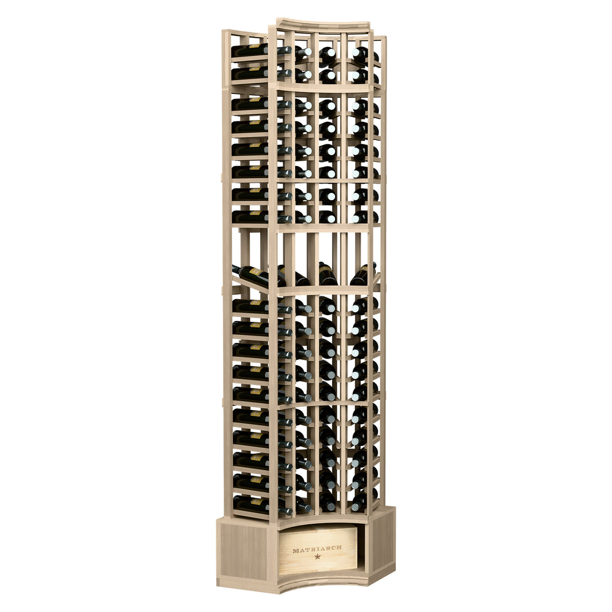 Light grey wood curved-corner wine display rack, 4-column, bottle slots