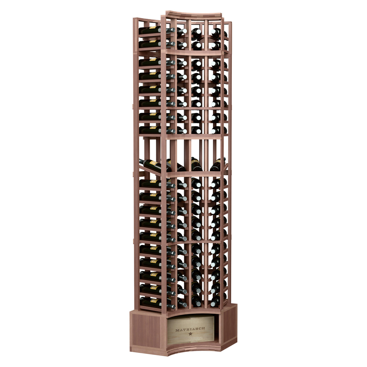 Dark brown wood curved-corner wine display rack, 4-column, bottle slots