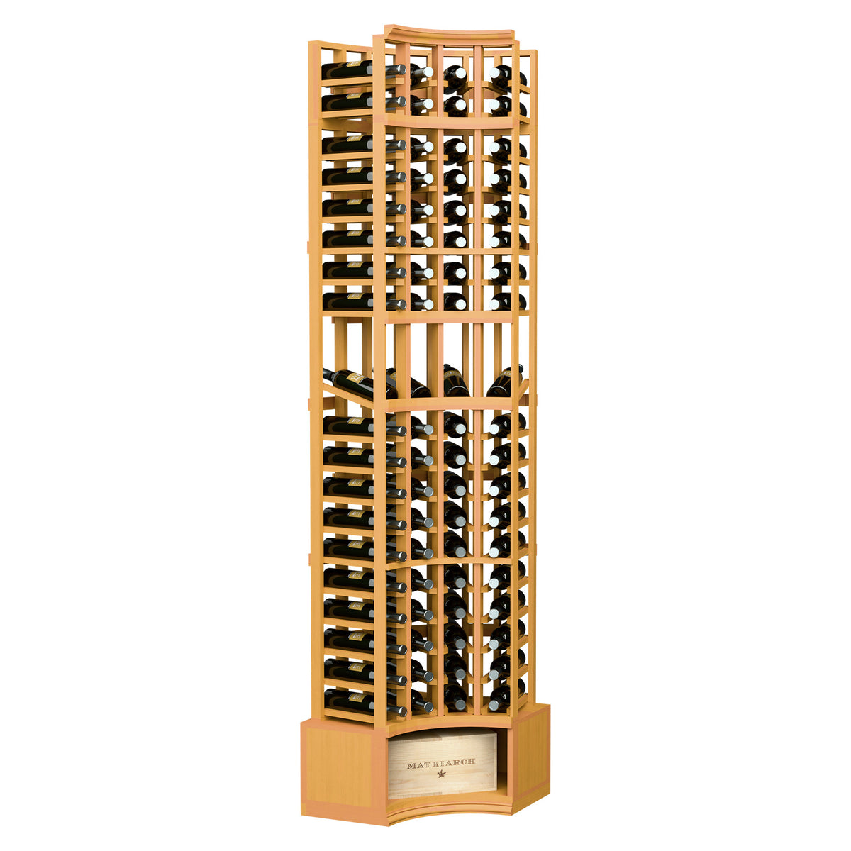 Honey wood curved-corner wine display rack, 4-column, bottle slots