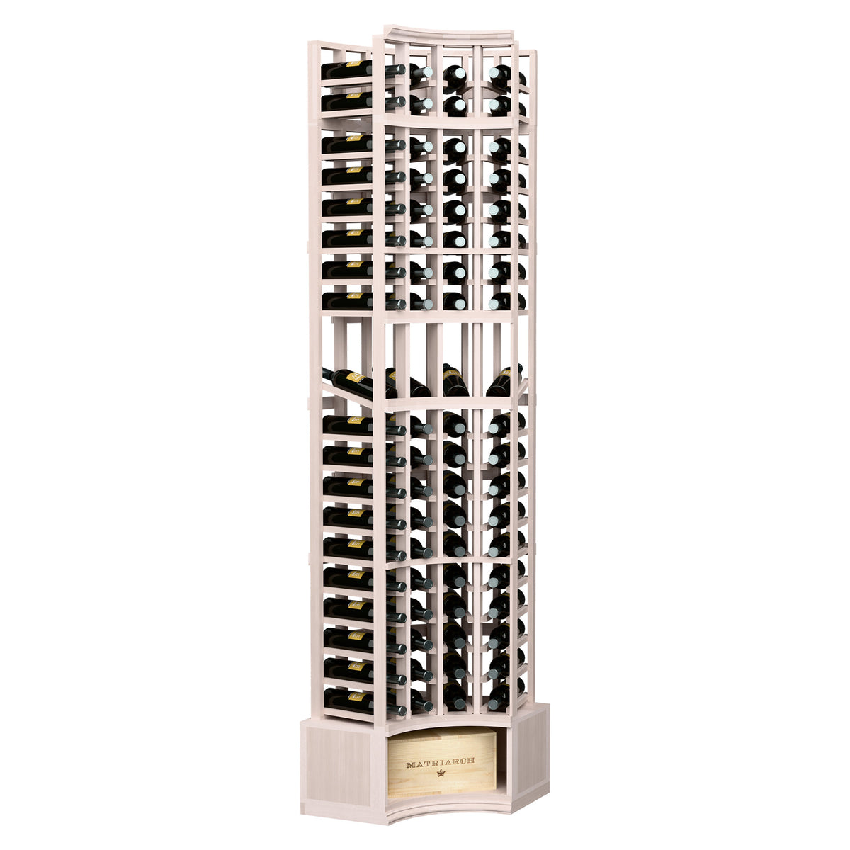 White wood curved-corner wine display rack, 4-column, bottle slots
