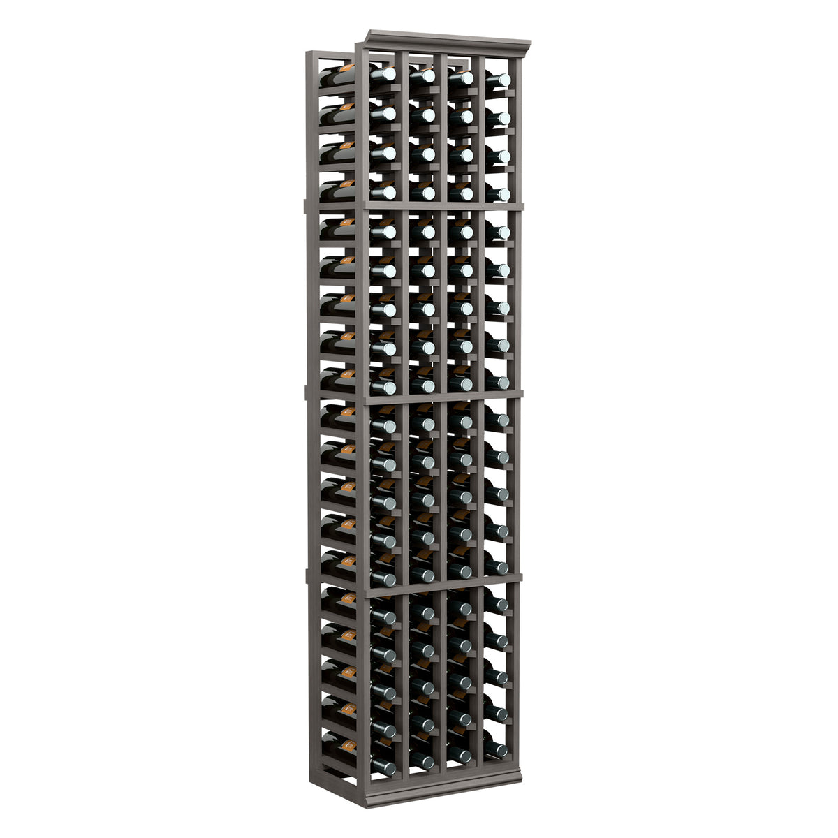 Four-column wine bottle rack, tall wooden unit with bottle slots, dark finish