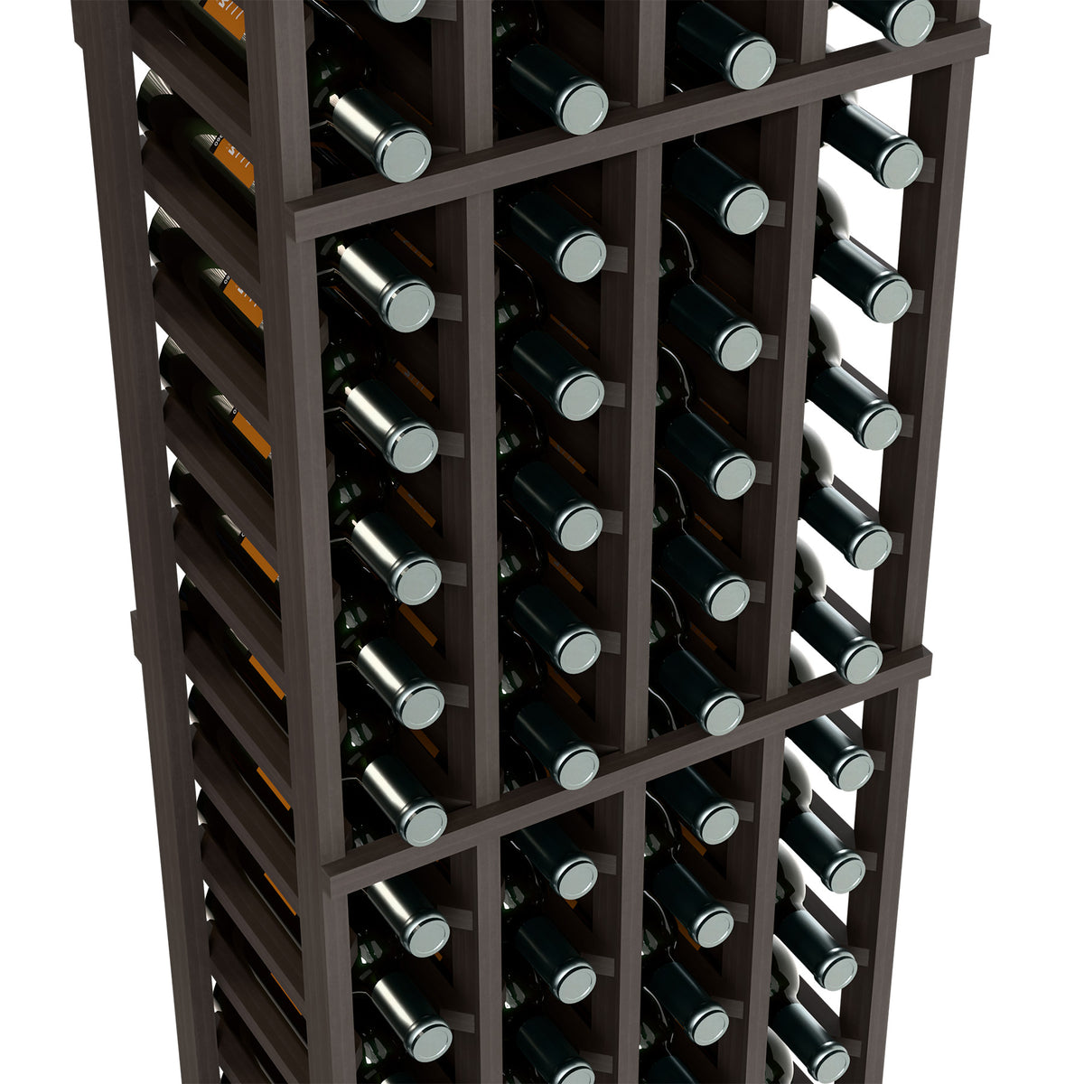 Four-column wine bottle rack close-up showing bottle slots with dark frame