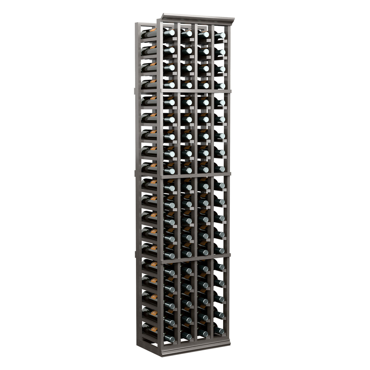 Four-column wine bottle rack, tall wooden holder with bottle slots, dark finish