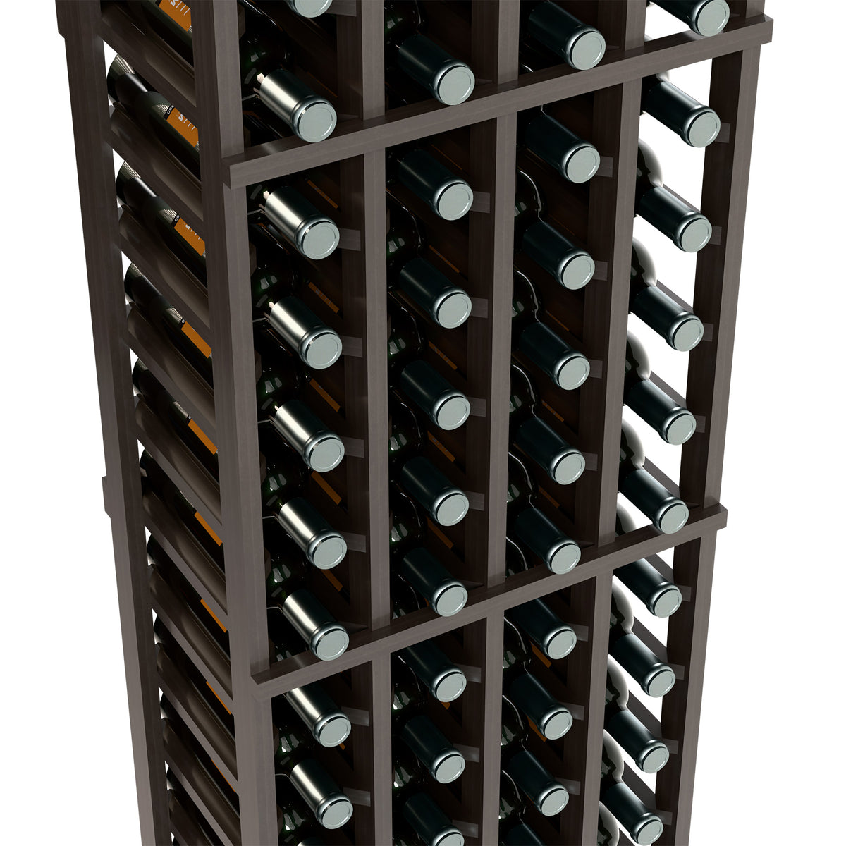 Four-column wine bottle rack close-up with bottle openings and dark wood frame