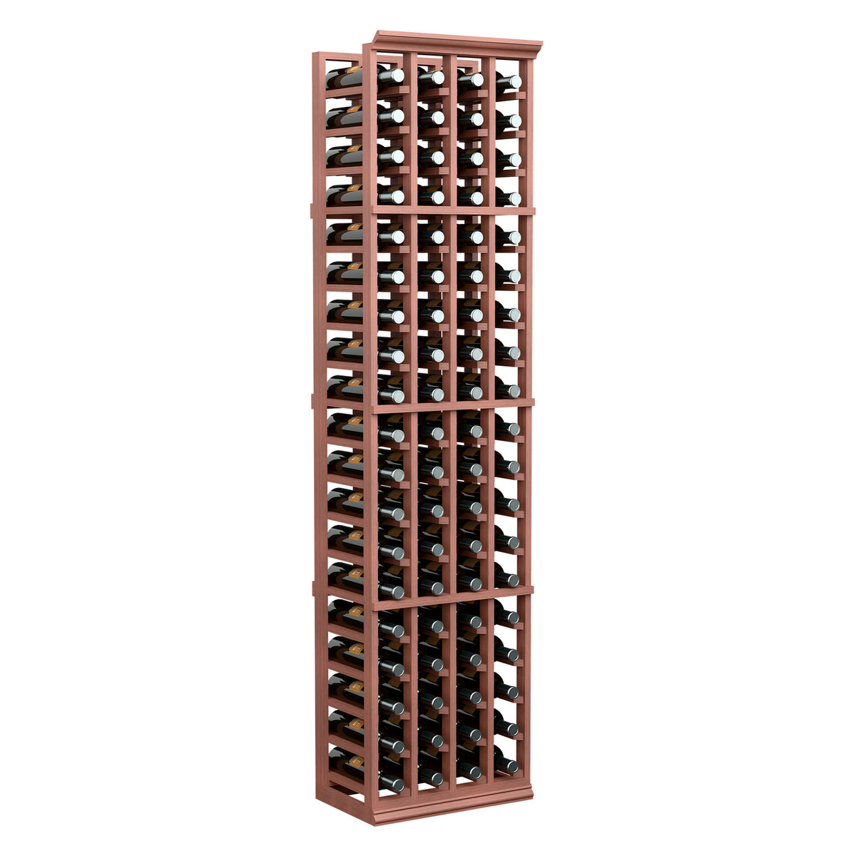 Four-column wine bottle rack, tall wooden unit with bottle slots, reddish-brown finish