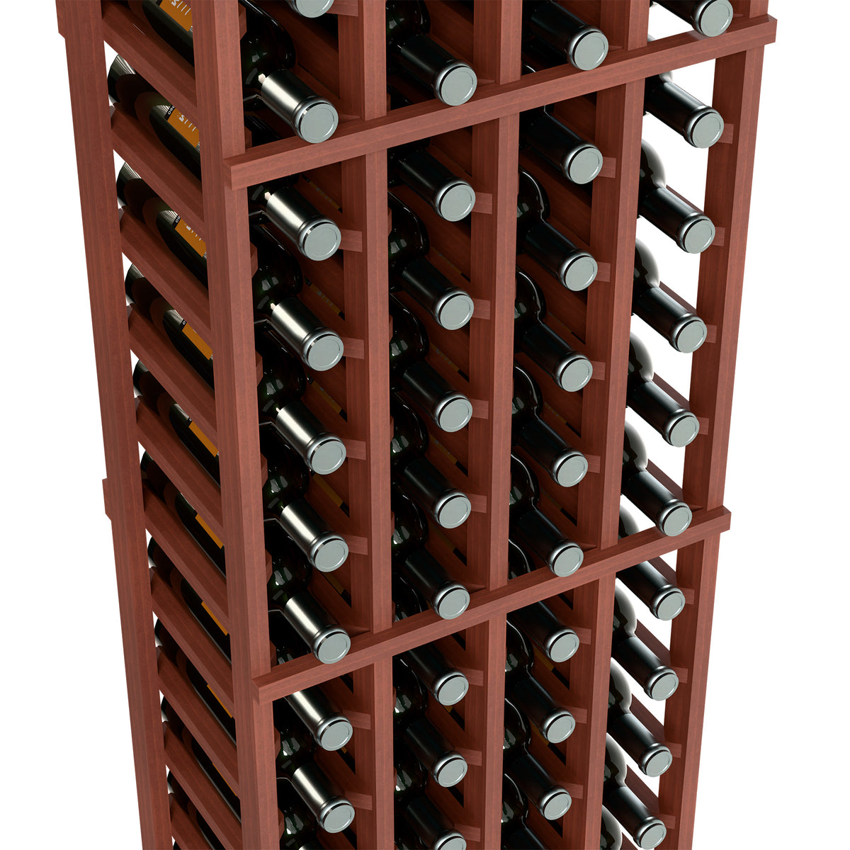 Four-column wine bottle rack close-up showing bottle slots in reddish-brown frame