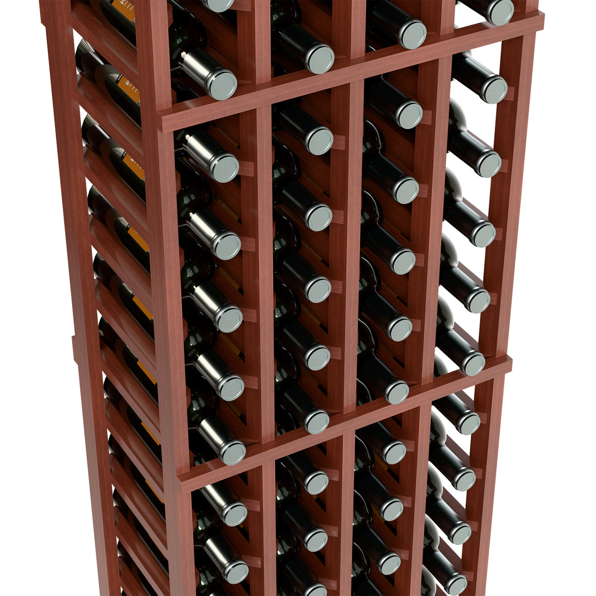 Four-column wine bottle rack close-up with bottle openings and reddish-brown wood frame