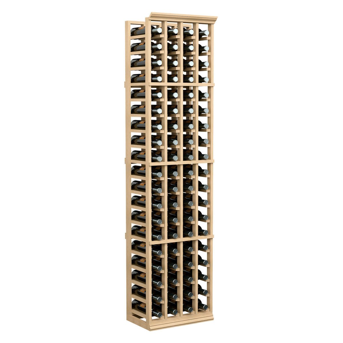 Four-column wine bottle rack, tall wooden unit with bottle slots, light natural finish