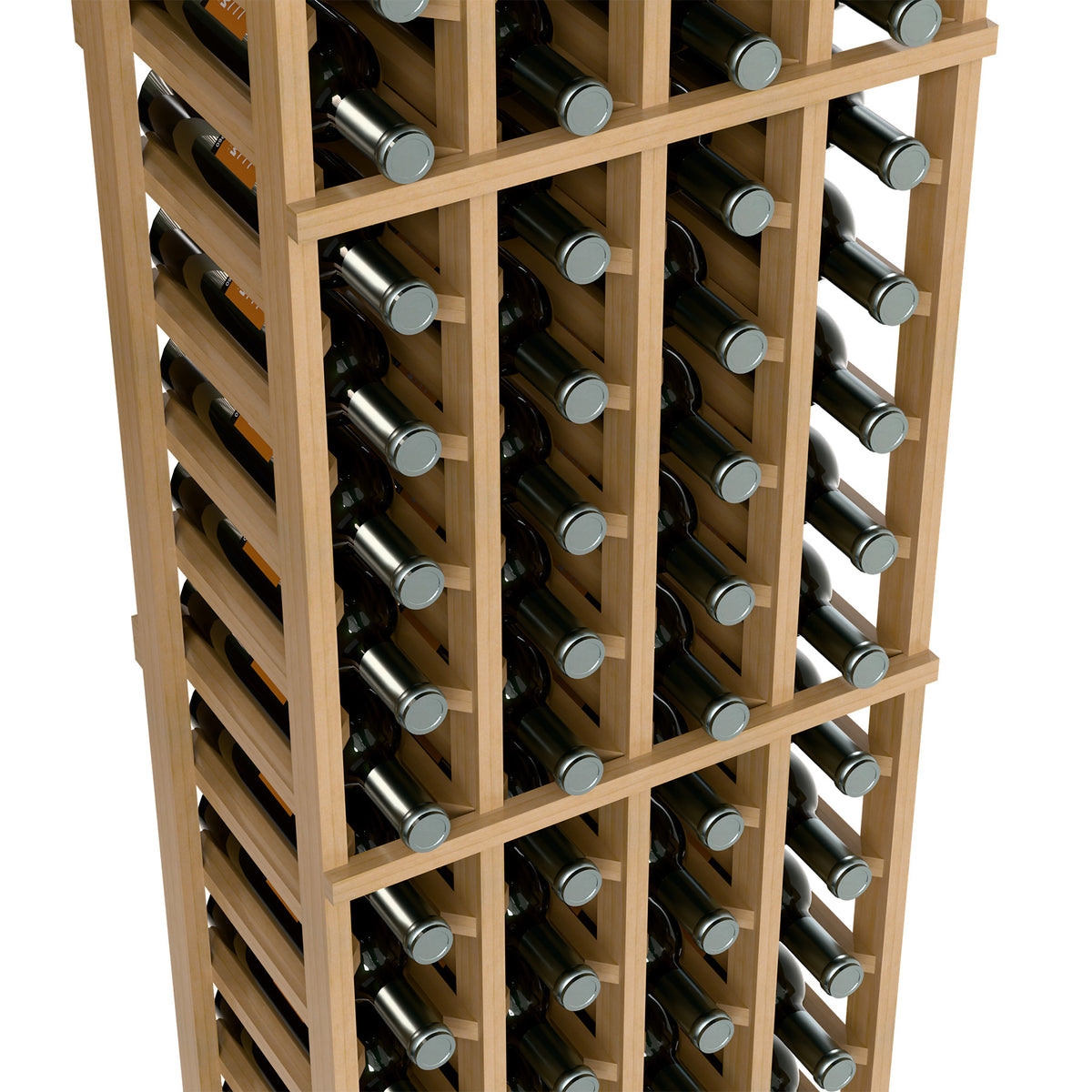 Wood wine bottle rack close-up with divided rows and silver bottle caps