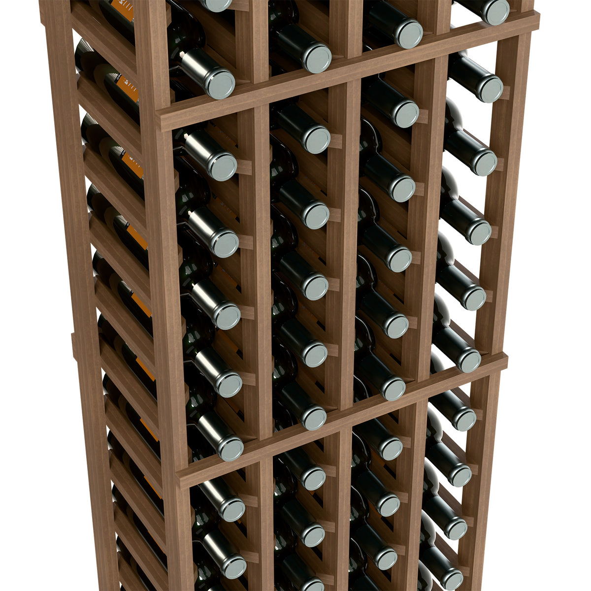 Close-up of wine bottle rack cells with light wood dividers and capped bottles