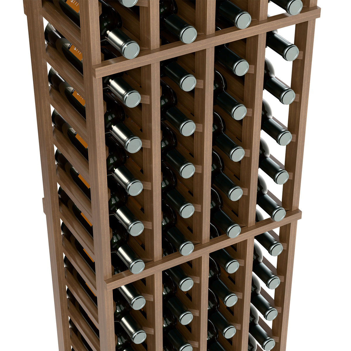 Light wood wine rack interior view with bottle slots across four columns