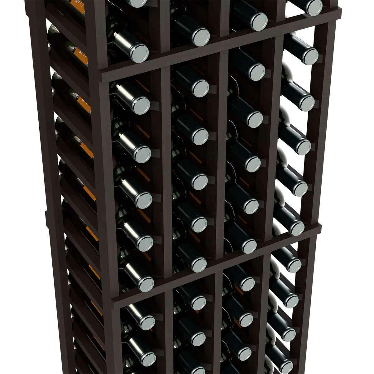 Dark wood wine bottle rack close-up with divided rows and bottle necks
