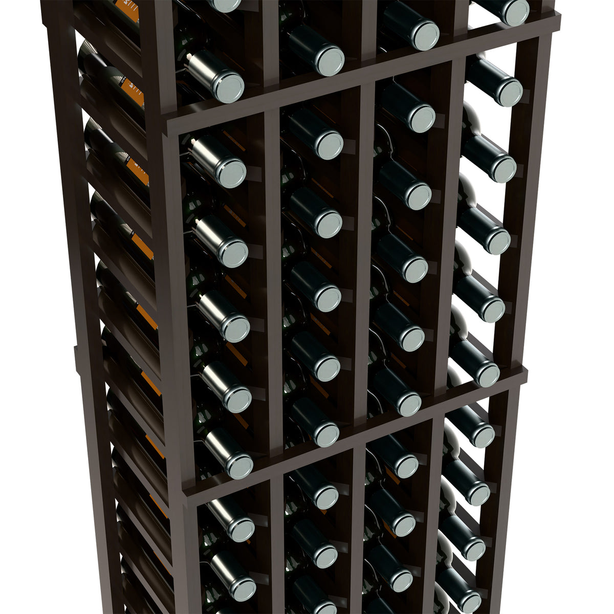 Close-up of dark wine bottle rack with four columns of capped bottles in slots