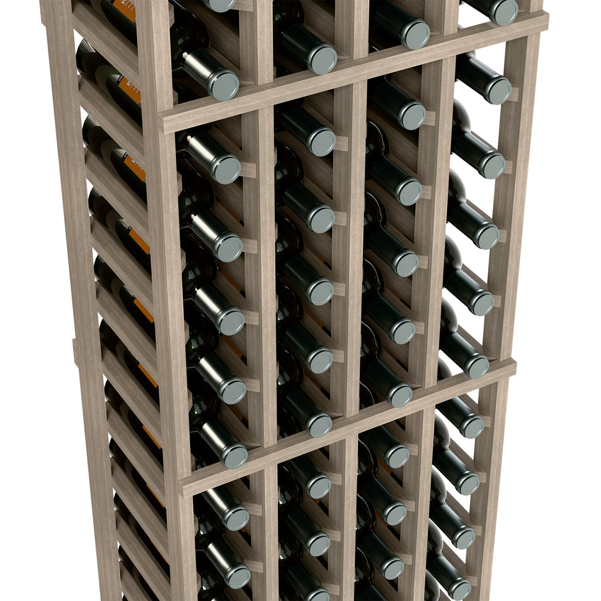 Light wood wine rack close-up with bottle storage rows and visible bottle caps