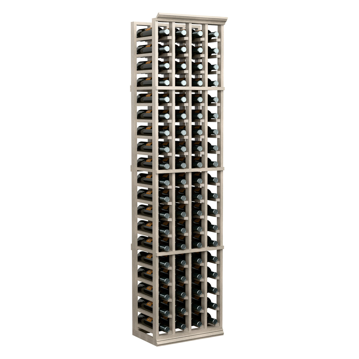 Light wood 4-column wine bottle rack with many bottle slots and top-row bottles