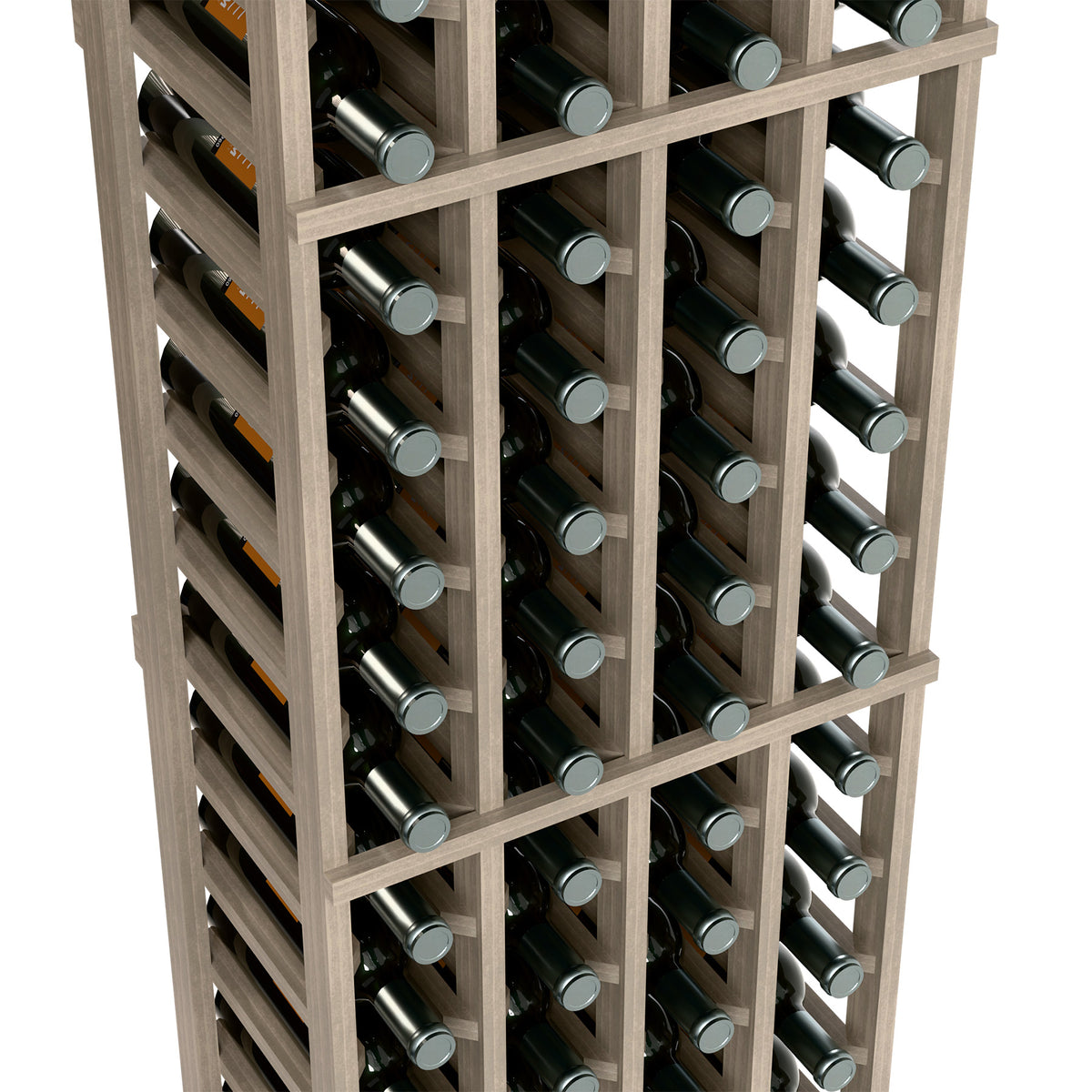 Light wood wine rack close-up showing bottle rows within the grid frame
