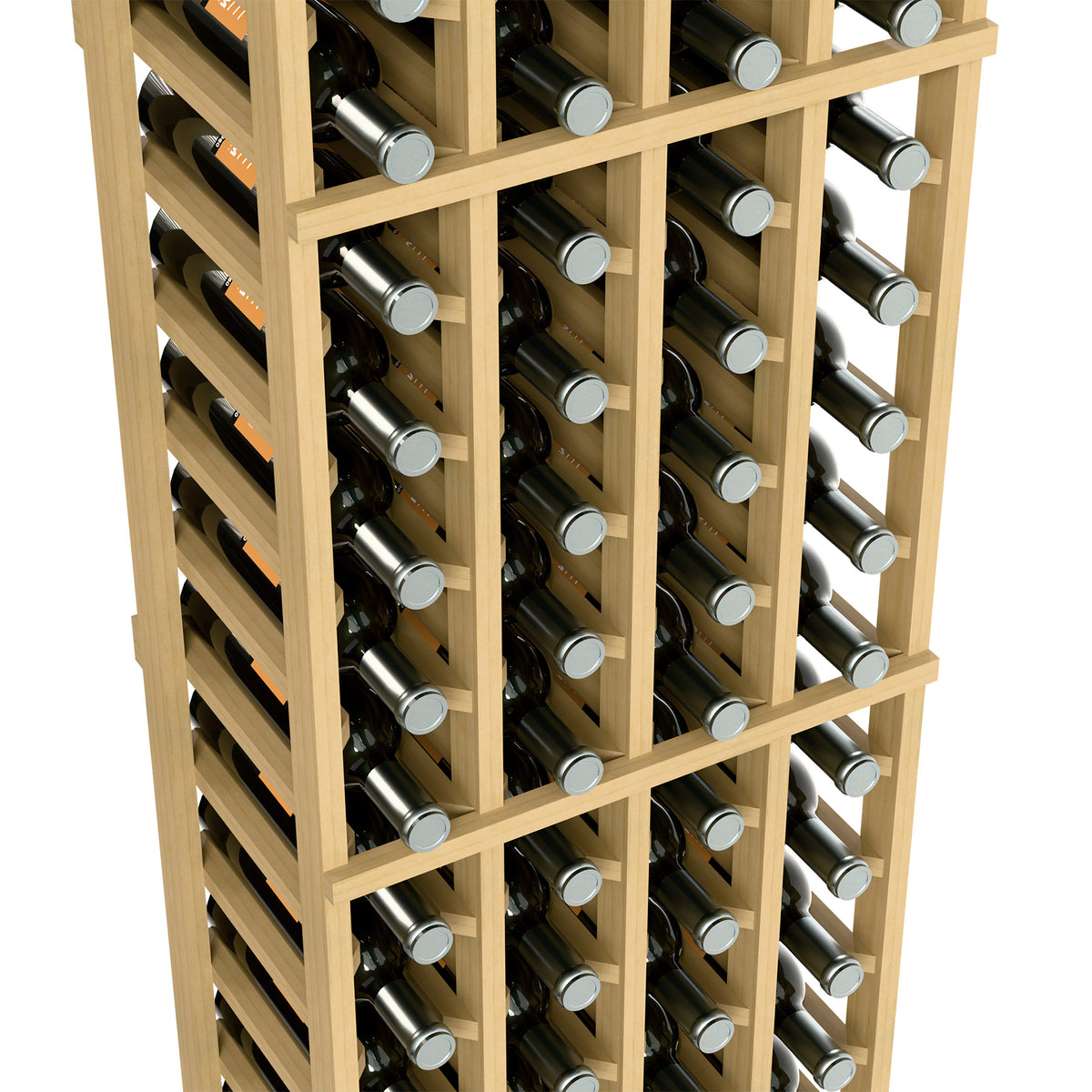 Light wood wine rack detail with bottle necks and caps in stacked compartments