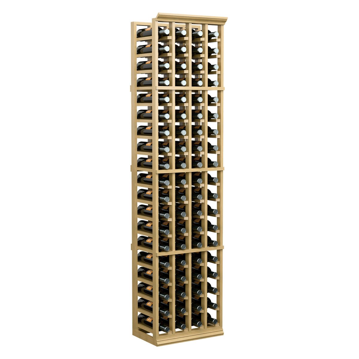 Light wood 4-column wine bottle rack with many horizontal bottle slots