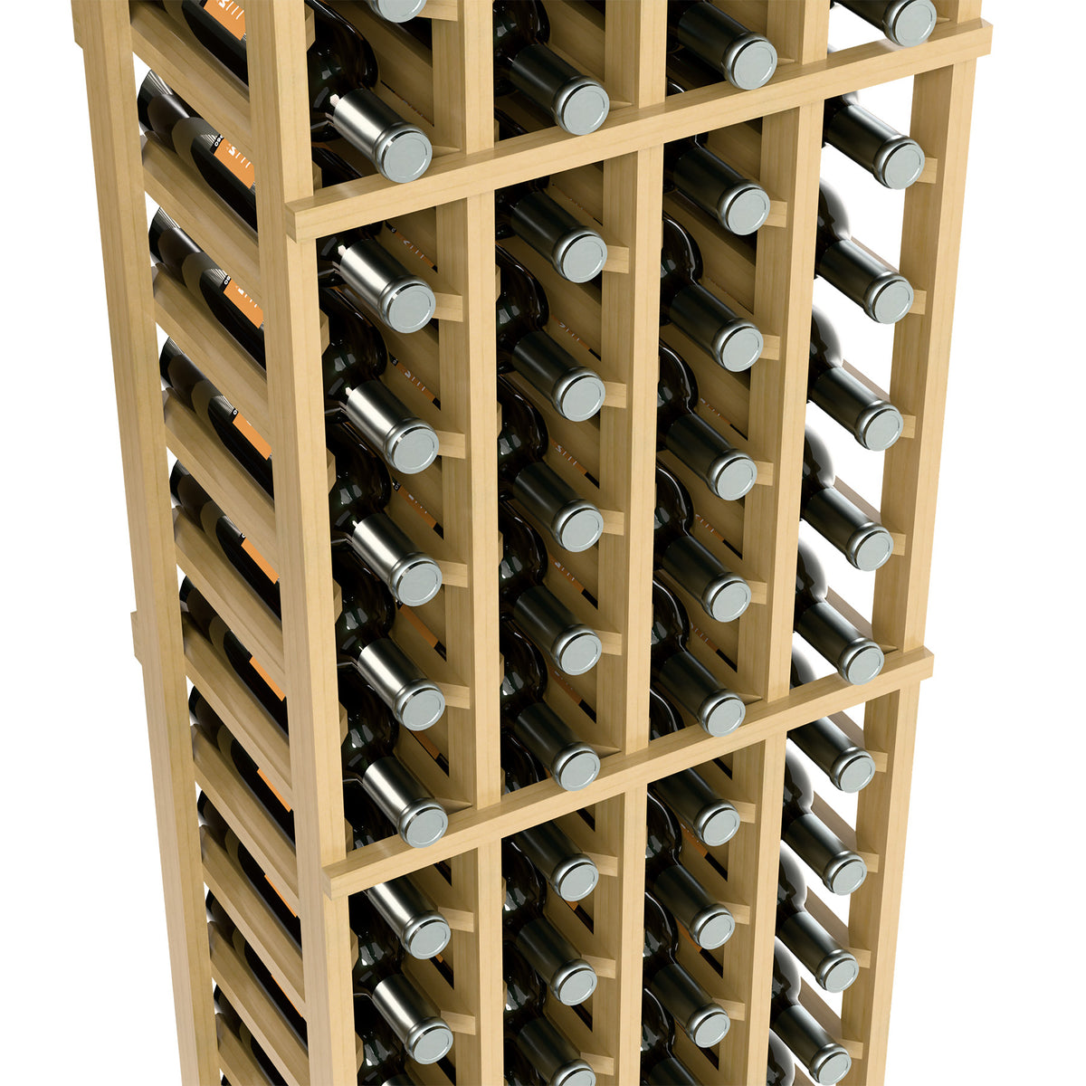Light wood wine rack close-up with staggered bottle compartments and caps