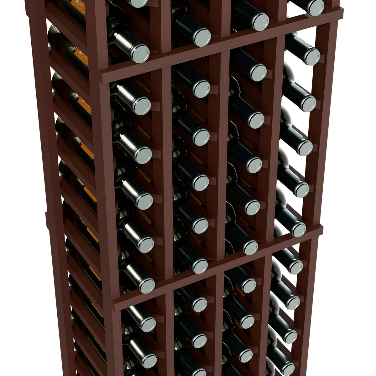 Dark wood wine rack detail showing bottle rows and metal caps in the frame
