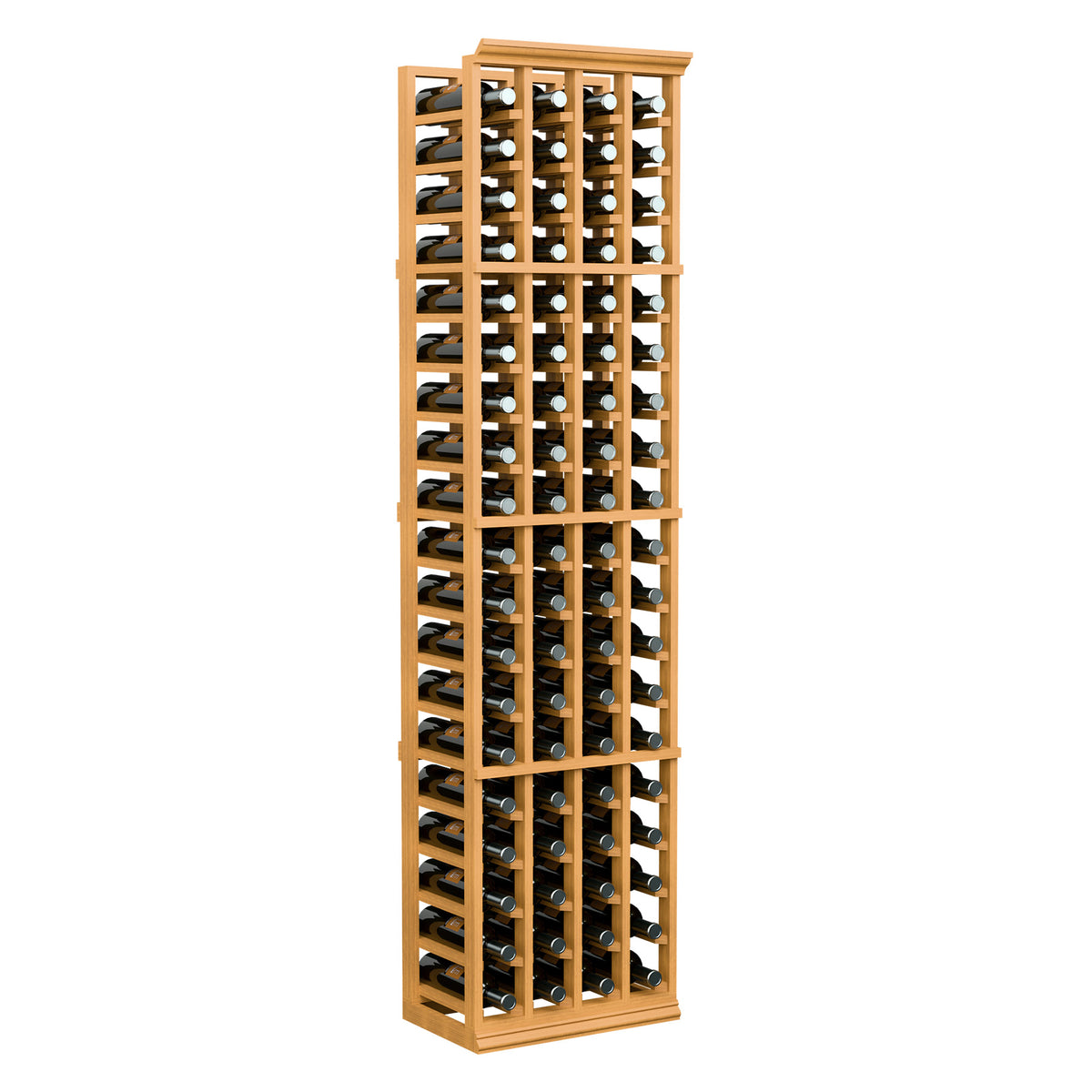 4-column 6 ft wine bottle rack with light wood frame and neatly arranged bottles.