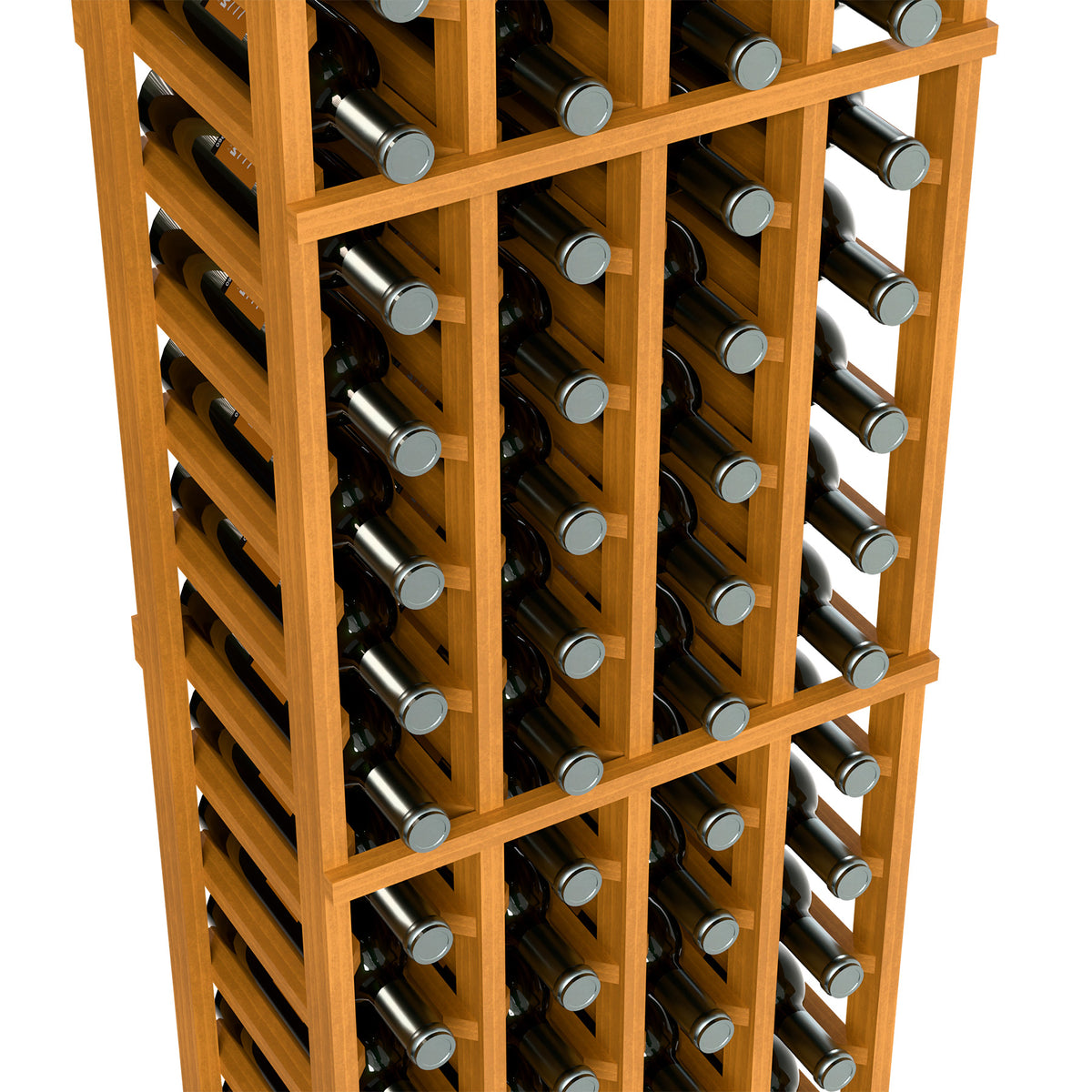 4-column 6 ft wine rack close-up with light wood frame and bottle slots.