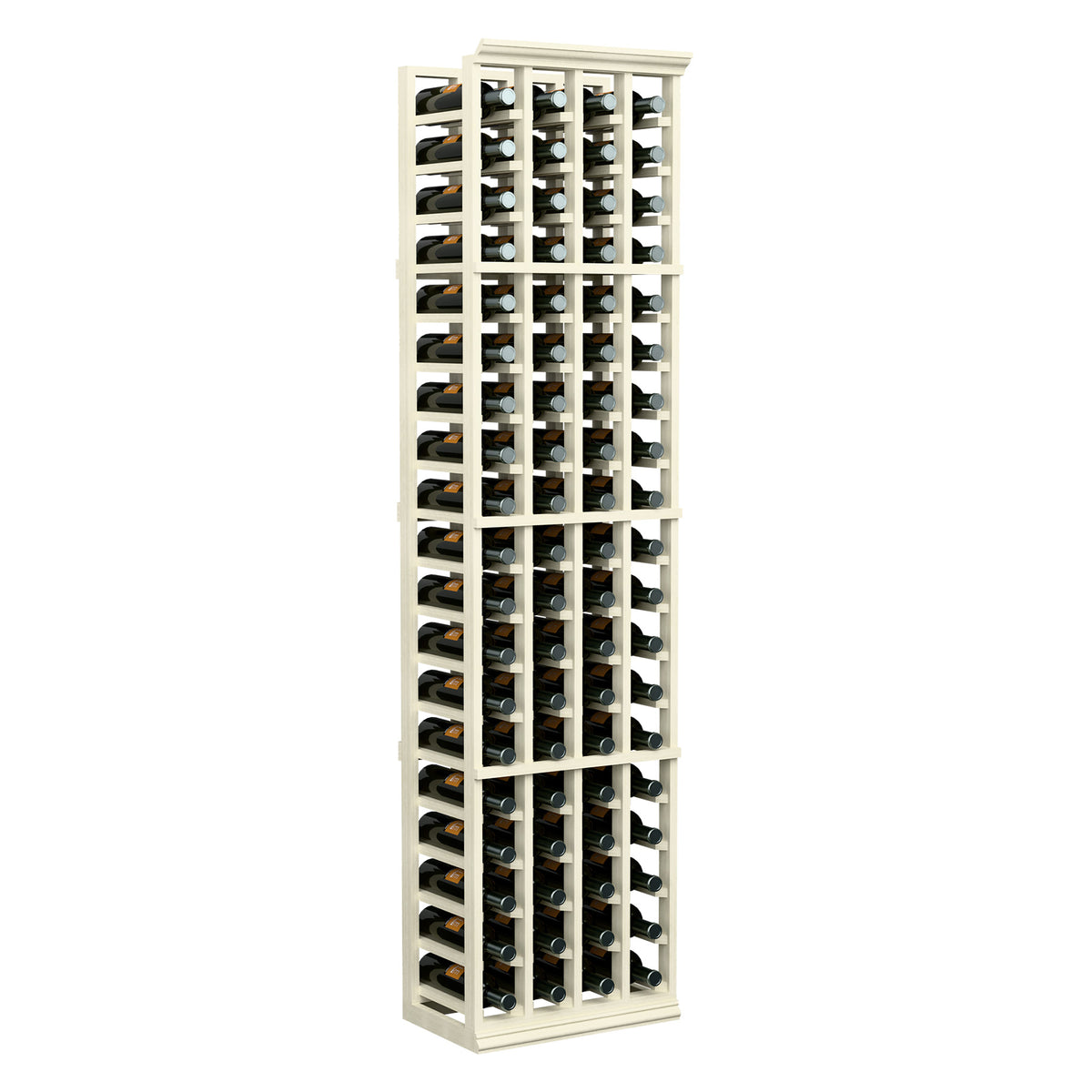 4-column 6 ft wine bottle rack with white frame and front bottle storage grid.