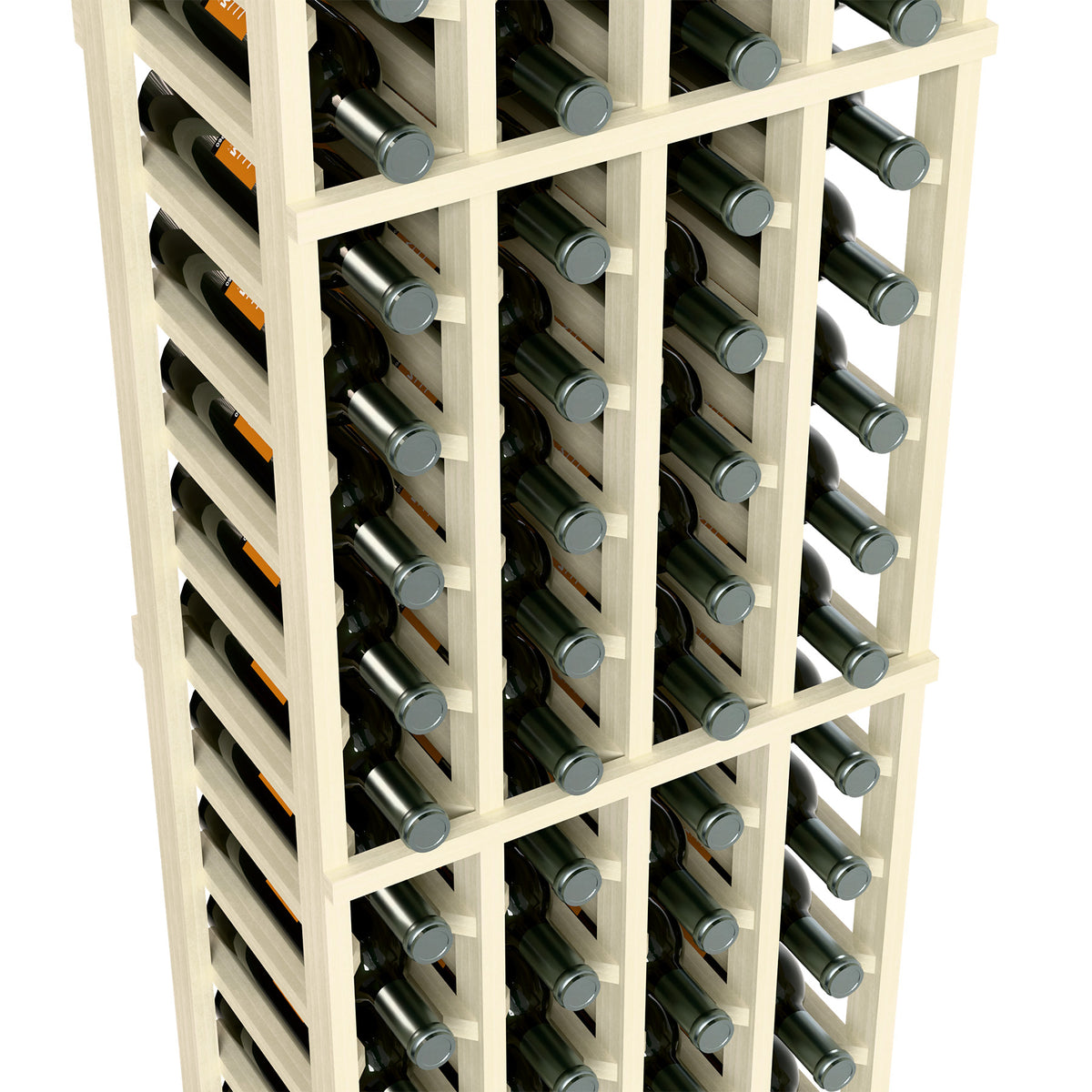 4-column 6 ft wine rack close-up with white frame and bottle necks in rows.