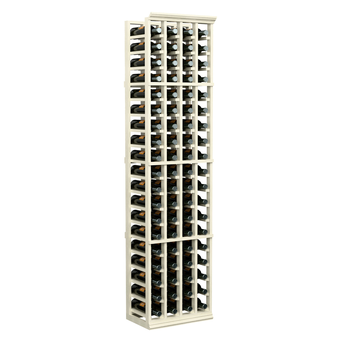 4-column 6 ft wine bottle rack with white frame, front view of organized bottles.