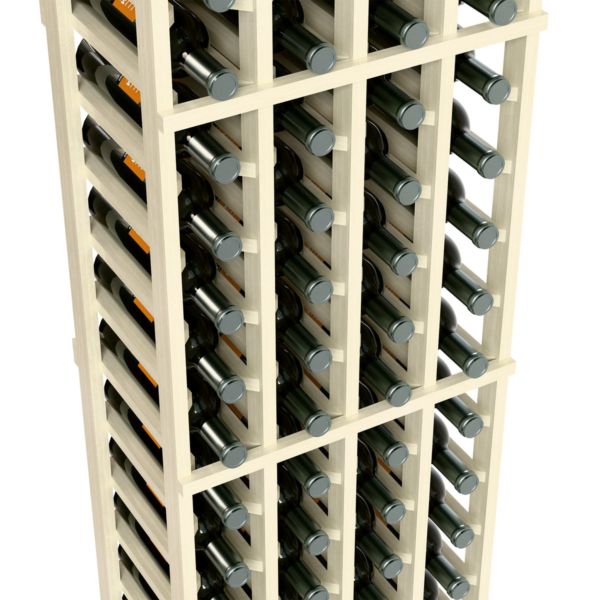 4-column 6 ft wine rack close-up with white frame and bottle slots across columns.