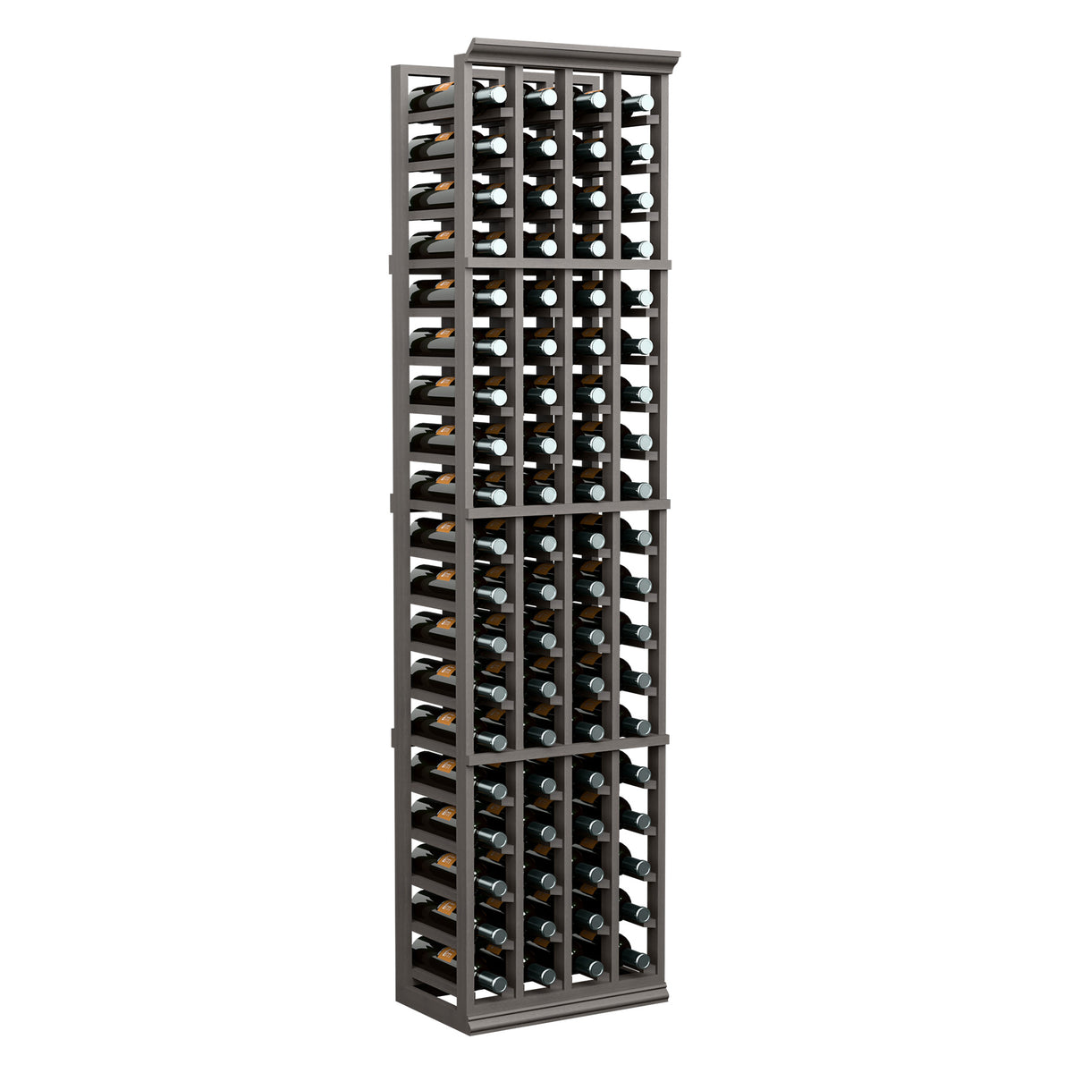 6 ft four-column wine rack with dark frame and rows of bottle slots