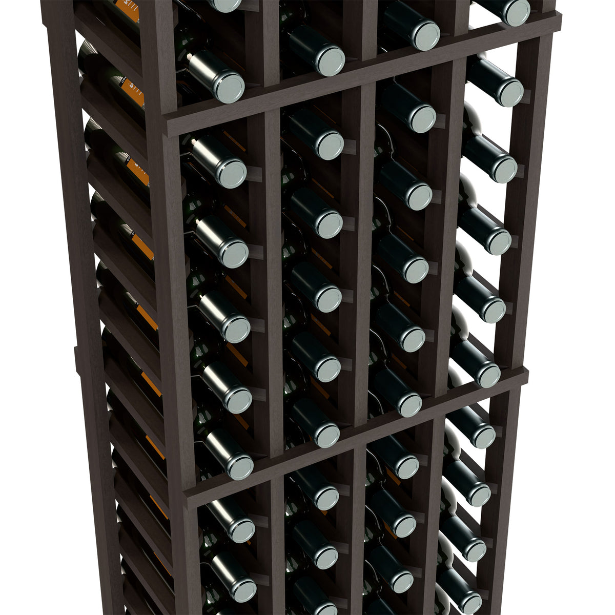 Close-up of dark four-column wine rack showing bottle neck openings