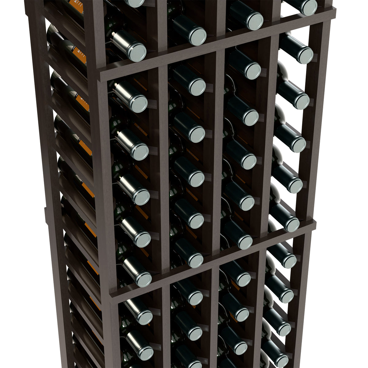 Close-up of dark wine rack with four columns and angled bottle slots