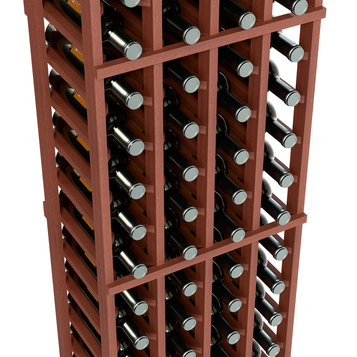 Close-up of reddish-brown wine rack showing four columns of bottle slots