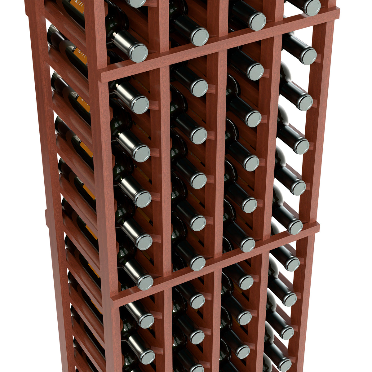 Close-up of reddish-brown four-column wine rack with bottle neck openings