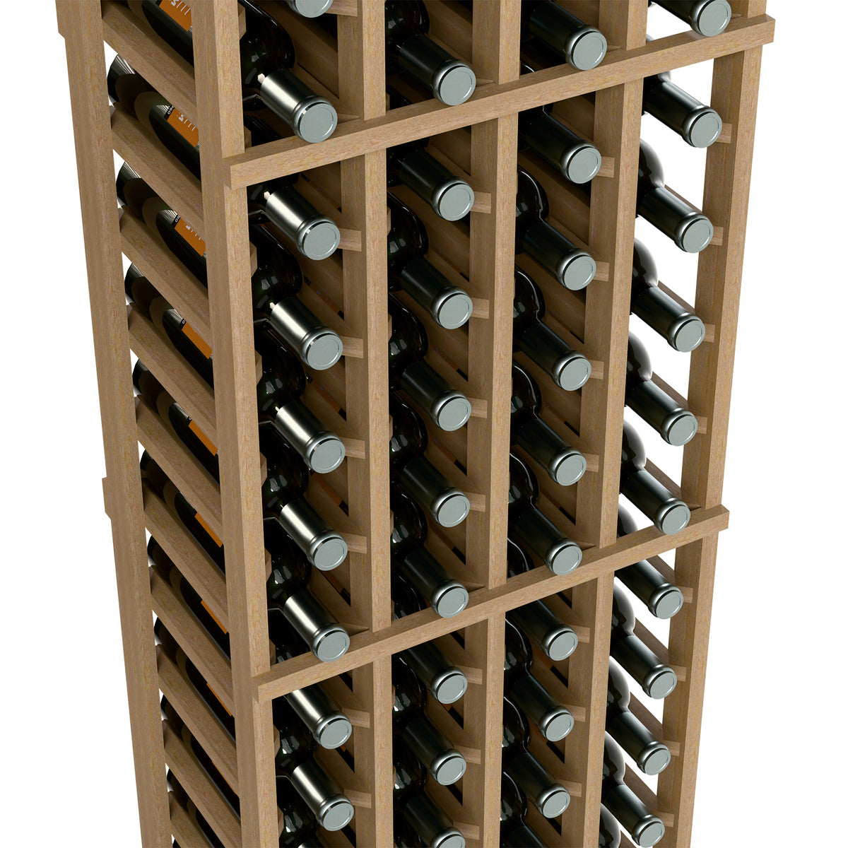 Close-up of light wood four-column wine rack with bottle slots and tops