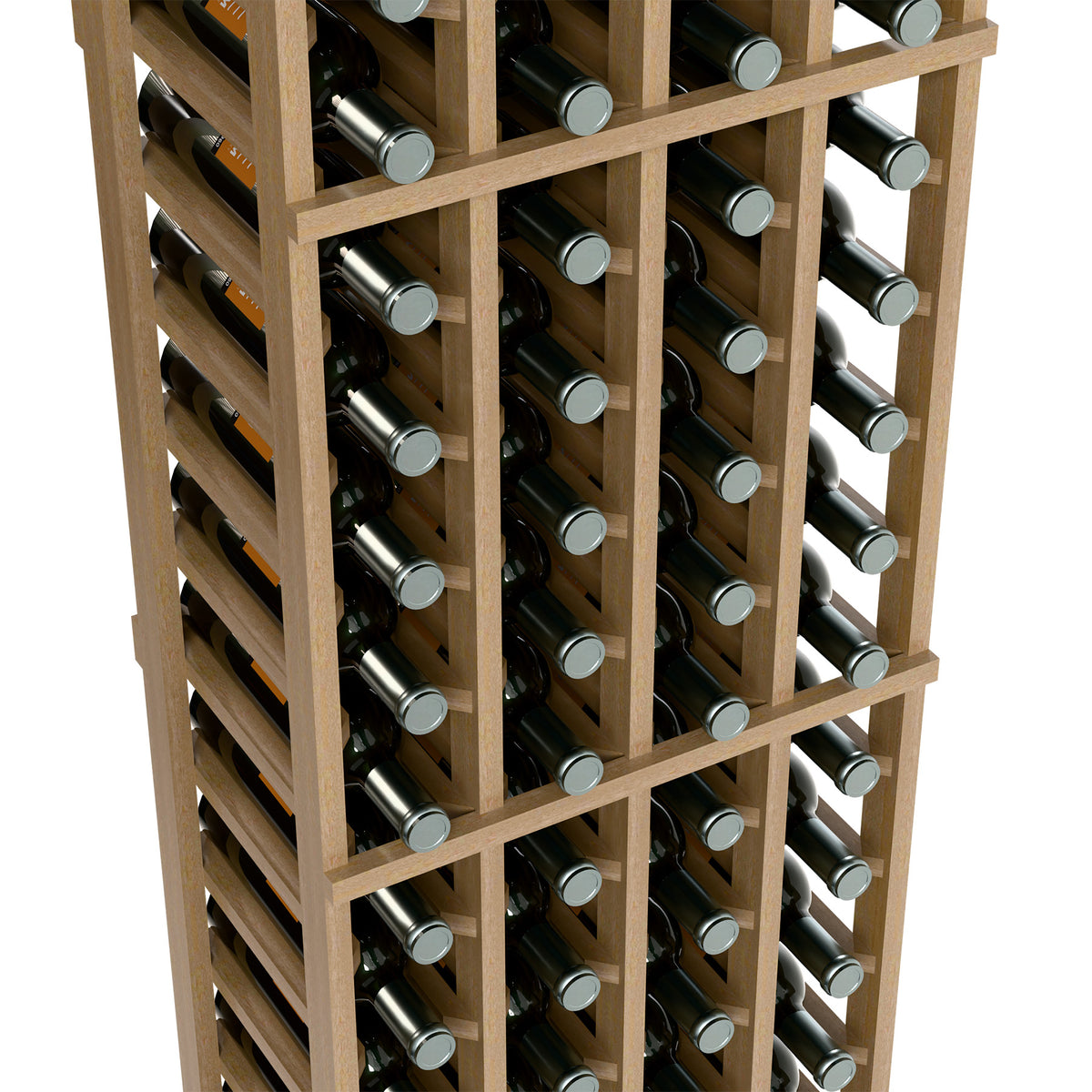 Close-up of four-column wine bottle rack with light wood frame and bottles