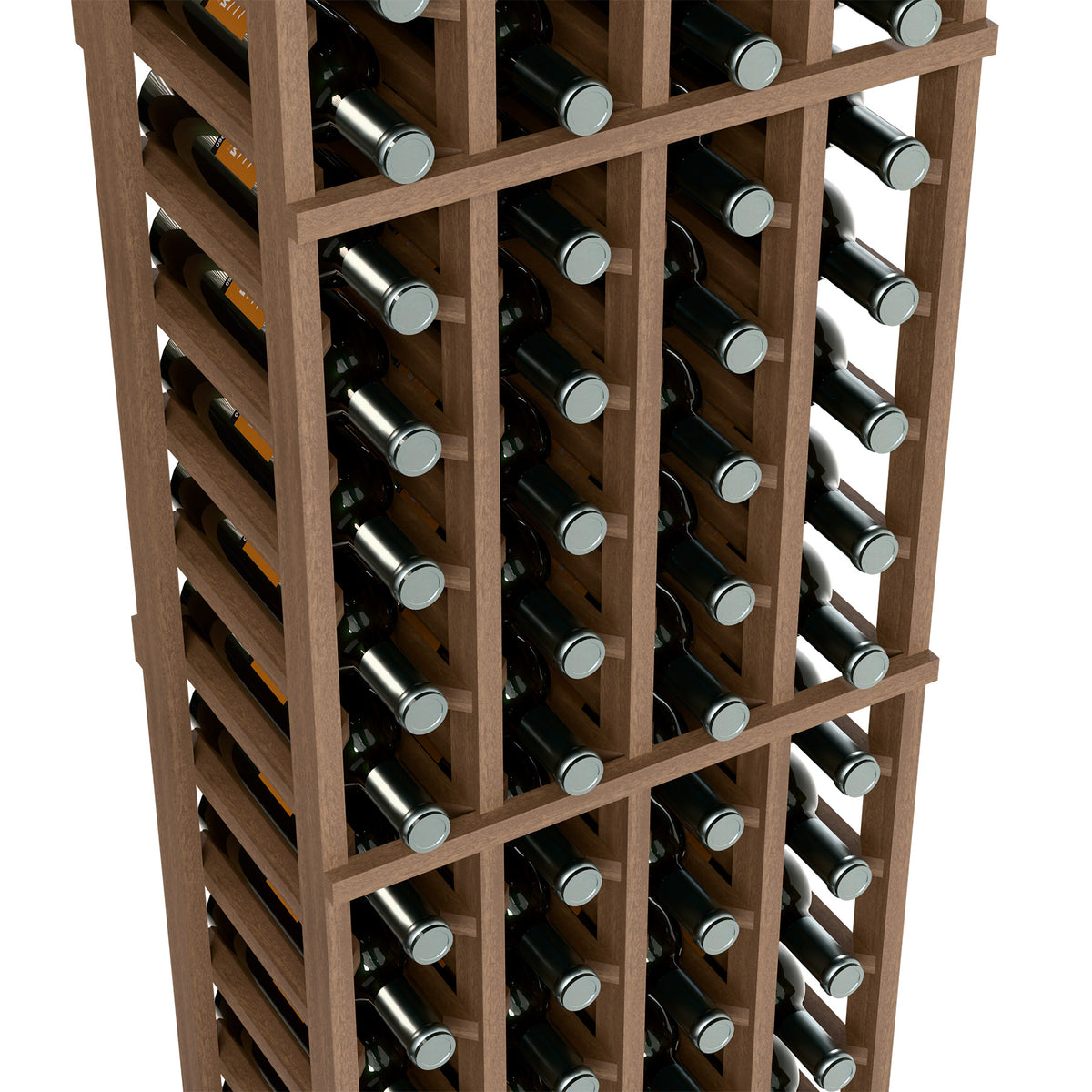 Close-up view of four-column wine rack showing light wood dividers and bottles