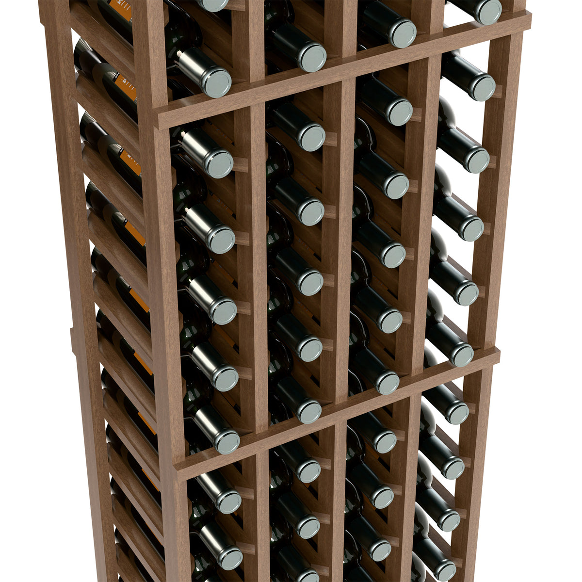 Close-up of four-column wine bottle rack with light wood frame and capped bottles